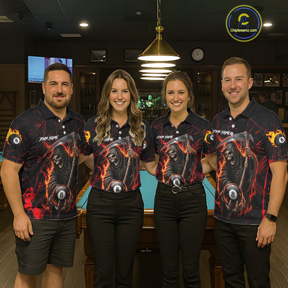 Fire Flame 8 Ball Pool Women Billiard Shirt Custom Red Grunge Grim Reaper Billiard Jersey For Pooler NYN3087