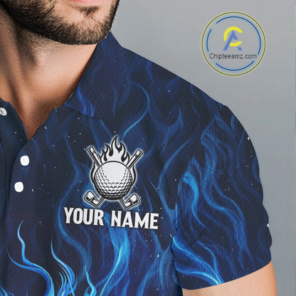 Mens Golf Polo Shirt Personalized Fire Flame Golf Ball Clothing Golf Tops For Golfers | Blue NYN3259