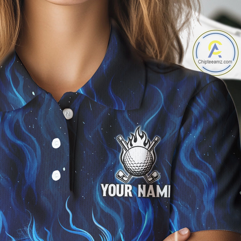 Womens Golf Polo Shirt Personalized Fire Flame Golf Ball Clothing Golf Tops For Golfers | Blue NYN3259