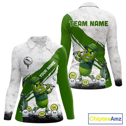 Funny Pickle Womens Golf Polo Team Shirt Custom Green And White Grunge Clothing Golf Tops NYN3261
