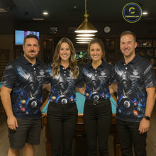 Load image into Gallery viewer, Men women billiard team wearing Blue White Smokes Grim Reaper custom billiards uniforms, personalized team jerseys