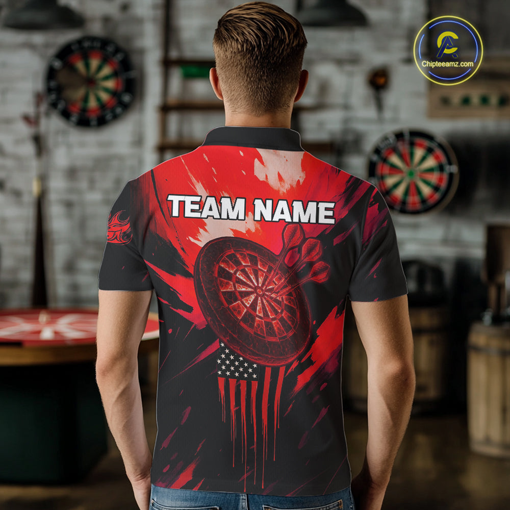 Custom Red Grunge Skull Dartboard Patriotic Dart Men Polo Jerseys US Flag Dart Shirt NYN1714