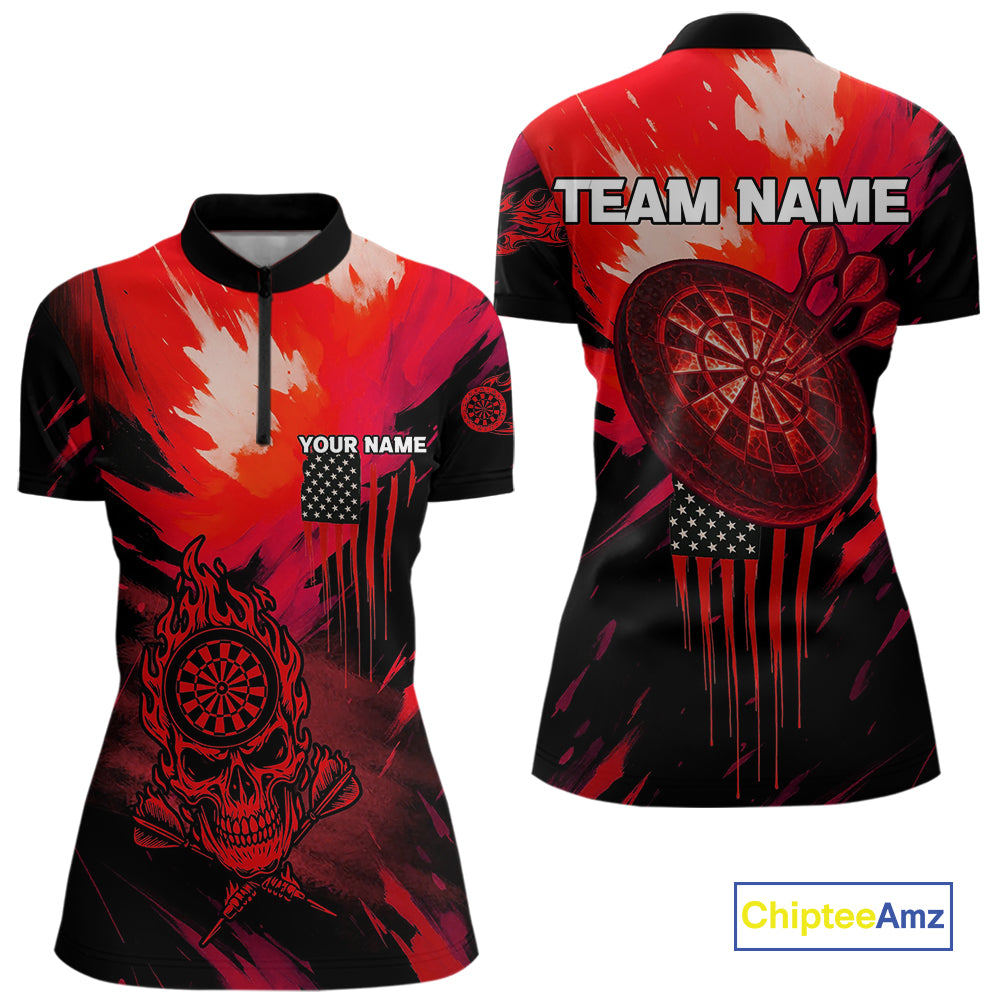 Custom Red Grunge Skull Dartboard Patriotic Dart Women 1/4-Zip Jerseys US Flag Dart Shirt NYN1714