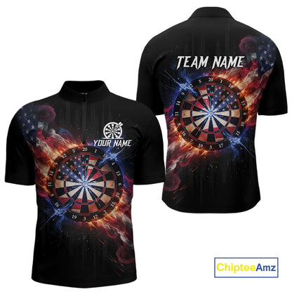 Custom Colorful US Flag Smoke Dartboard Men Darts Quarter-Zip Shirt Patriotic Dart Gifts NYN1992