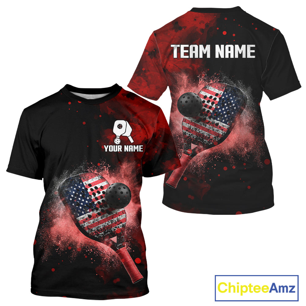 Custom Black And Red Paddle & Ball Pickleball Jerseys Men US Flag Pickleball Shirts NYN2222