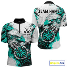 Load image into Gallery viewer, Custom Turquoise Grunge Eagle Scratch Dartboard men's quarter zip darts shirt, personalized dart team jersey, custom darts apparel, competitive darts uniform, dartboard quarter zip shirt