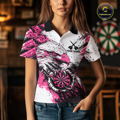 Female darts player wearing Custom Pink Grunge Eagle Scratch Dartboard darts jersey during league competition, custom darts apparel and team uniform