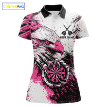 Load image into Gallery viewer, Custom Pink Grunge Eagle Scratch Dartboard women's darts polo shirt, personalized dart team jersey, ladies darts uniform, custom dartboard polo, tournament darts apparel, competitive darts shirt