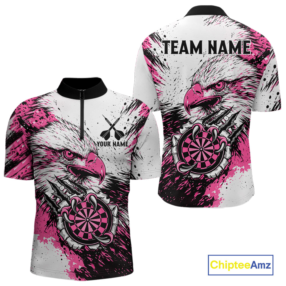 Custom Pink Grunge Eagle Scratch Dartboard men's quarter zip darts shirt, personalized dart team jersey, custom darts apparel, competitive dart league uniform