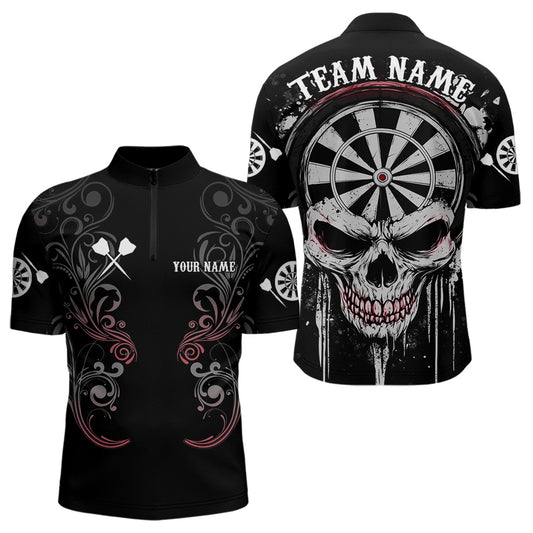 Personalized Skull Black Grunge Polo & 1/4 Zip Darts Shirt For Men, Dart Team Jerseys NYN0005