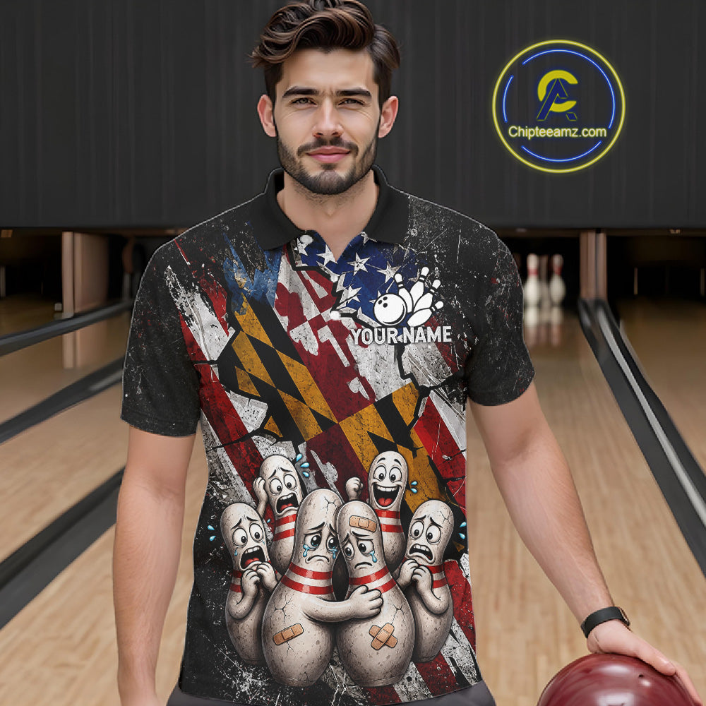 Male bowler wearing Maryland patriotic bowling jersey, custom US flag bowling shirt