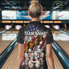 Load image into Gallery viewer, Female bowler wearing Maryland patriotic bowling jersey, custom US flag bowling shirt
