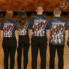Load image into Gallery viewer, Men women bowling team wearing Maryland patriotic bowling jerseys, custom league uniforms