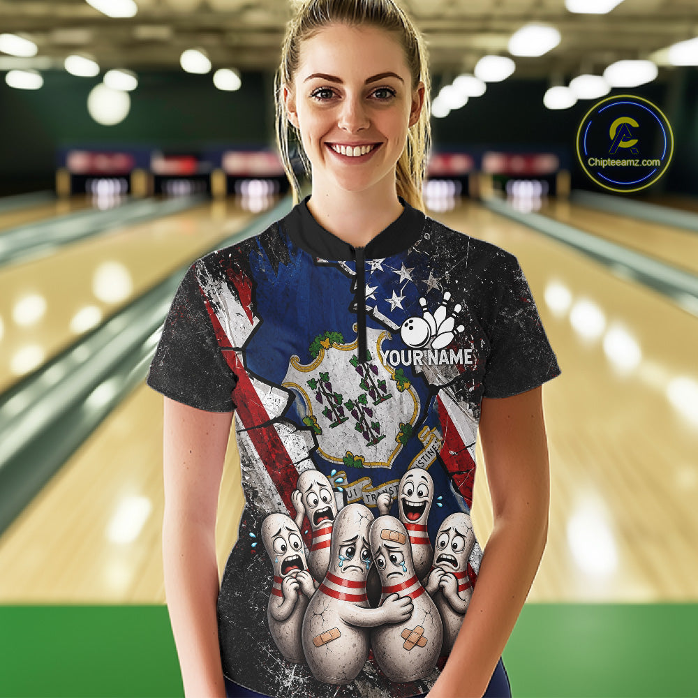 Female bowler wearing Connecticut patriotic bowling shirt, US flag bowling jersey