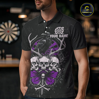 Purple Skulls Butterfly Grunge Dartboard Custom Darts Polo Shirt For Men Retro Dart Gifts NYN2003