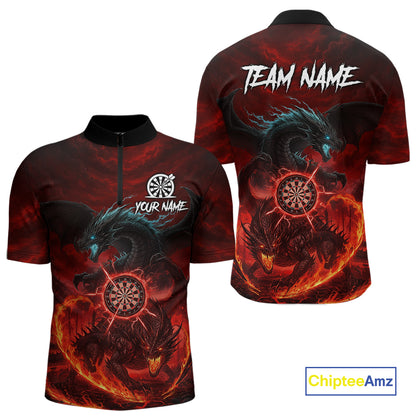 Double Dragon Red & Blue Flaming Dartboard Custom Quarter-Zip Darts Shirt For Men Dart Gifts NYN2009