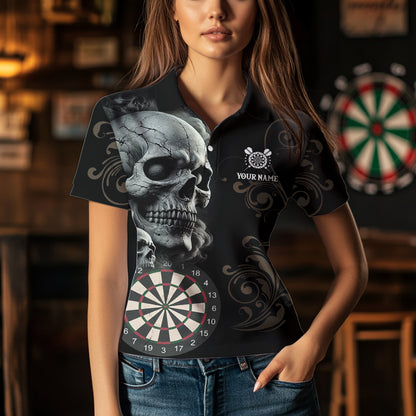Personalized Grey Skull Dragon Polo & Quarter-Zip Dart Shirts For Women, Custom Dart Jerseys NYN0012