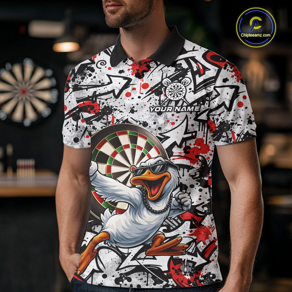 Personalized White & Red Graffiti Darts Men Polo & 1/4-Zip Dart Shirt Funny Duck Dart Team Jerseys NYN2901