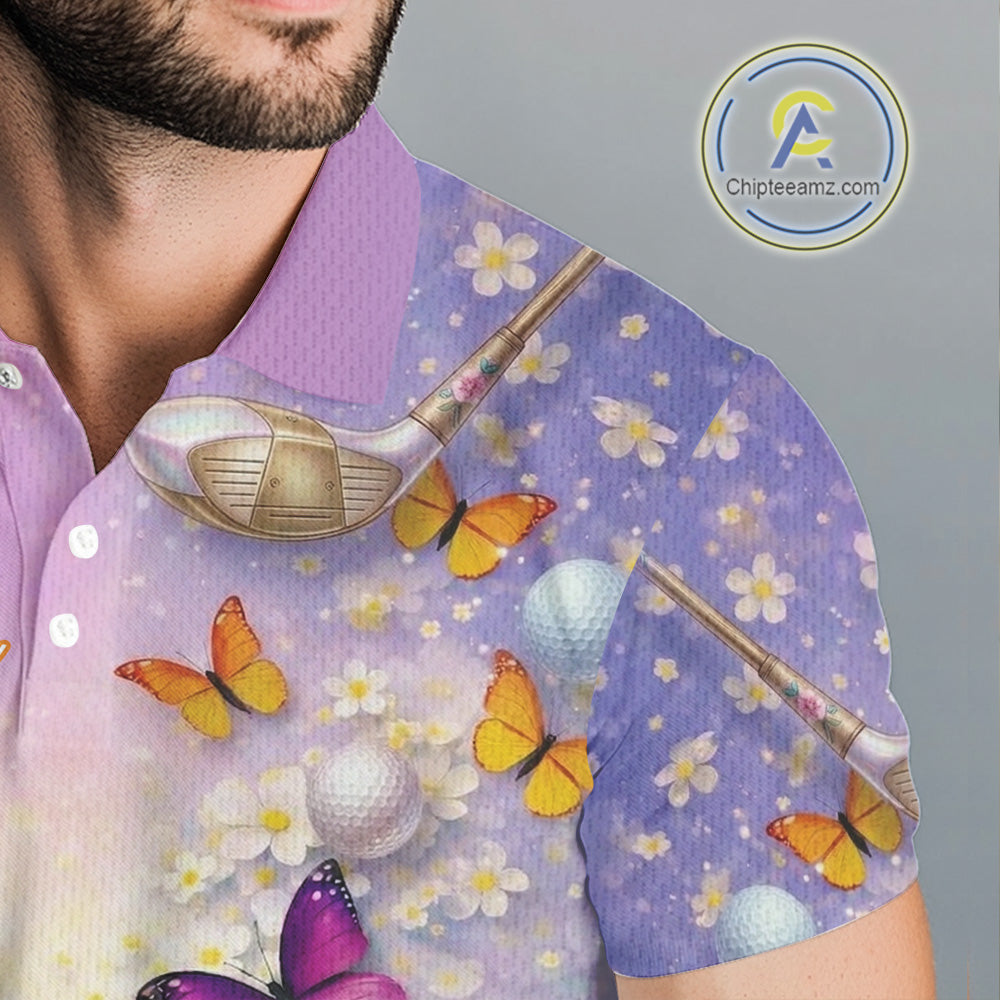 Colorful Butterfly Mens Golf Polo Shirt Custom Name Floral Watercolor Golf Shirts NYN2905