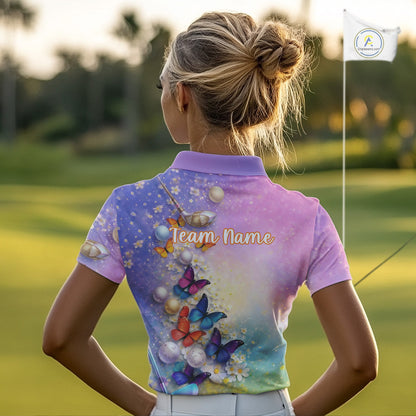 Colorful Butterfly Womens Golf Polo Shirt Custom Name Floral Watercolor Golf Shirts NYN2905
