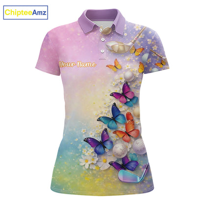 Colorful Butterfly Womens Golf Polo Shirt Custom Name Floral Watercolor Golf Shirts NYN2905