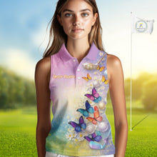 Load image into Gallery viewer, Colorful Butterfly Womens Golf Sleeveless Polo Shirt Custom Name Floral Watercolor Golf Shirts NYN2905