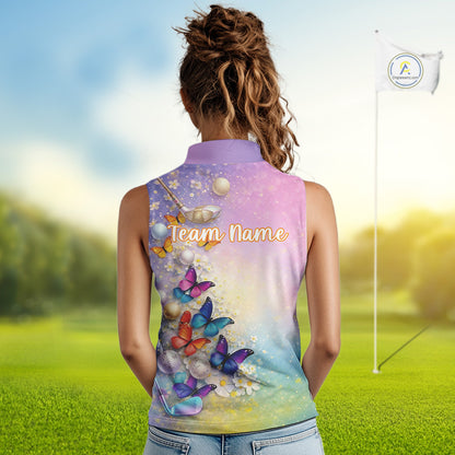 Colorful Butterfly Womens Golf Sleeveless Polo Shirt Custom Name Floral Watercolor Golf Shirts NYN2905