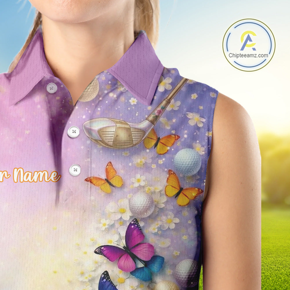 Colorful Butterfly Womens Golf Sleeveless Polo Shirt Custom Name Floral Watercolor Golf Shirts NYN2905