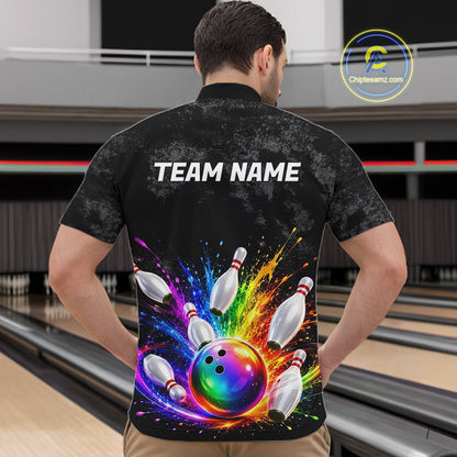 Rainbow Splatter Bowling Ball & Pins Shirt For Men Custom Colorful Paint Bowling Team Outfits NYN3283