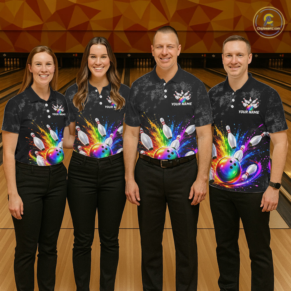 Rainbow Splatter Bowling Ball & Pins Shirt For Men Custom Colorful Paint Bowling Team Outfits NYN3283