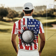 Load image into Gallery viewer, Male golfer wearing grunge American flag golf polo shirt, patriotic golf apparel, men's golf tournament clothing