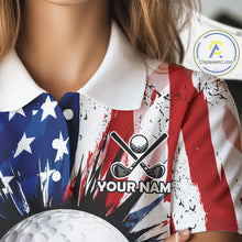 Load image into Gallery viewer, Female golfer wearing grunge American flag golf polo shirt, patriotic golf apparel, women's golf tournament clothing