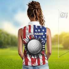 Load image into Gallery viewer, Female golfer wearing grunge American flag golf polo shirt, patriotic golf apparel, women's golf tournament clothing