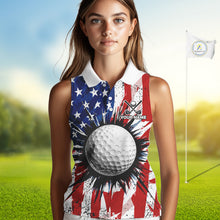 Load image into Gallery viewer, Female golfer wearing grunge American flag golf polo shirt, patriotic golf apparel, women's golf tournament clothing