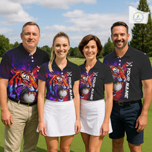 Load image into Gallery viewer, Men women golf team wearing matching colorful tiger golf polo shirts, custom golf uniforms, golf tournament apparel