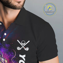 Load image into Gallery viewer, Male golfer wearing colorful dragon golf polo shirt, custom golf attire, men's golf tournament apparel