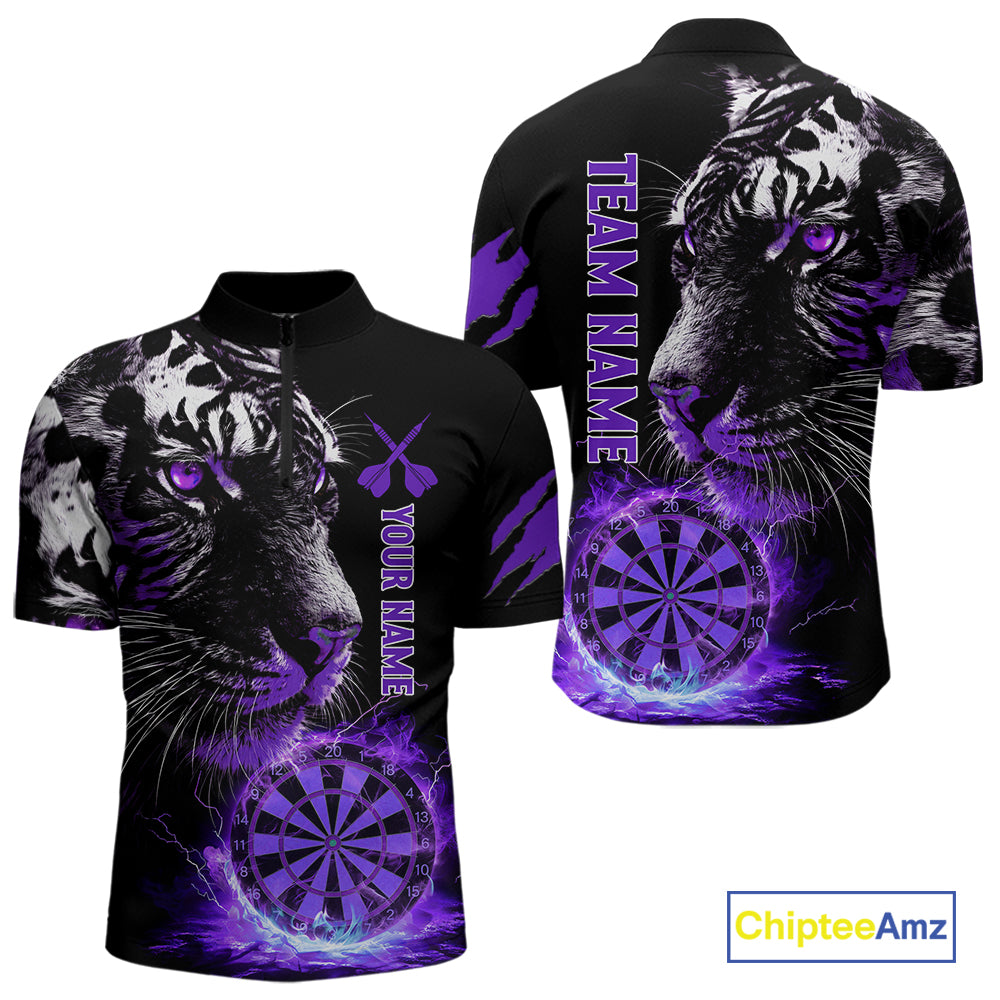 Purple Horror Tiger Fire Flame Dartboard Custom Men Darts Quarter-Zip League Shirts Dart Jerseys NYN2247