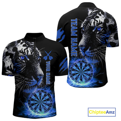 Blue Horror Tiger Fire Flame Dartboard Custom Men Darts Quarter-Zip League Shirts Dart Jerseys NYN2249