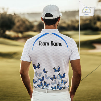 Blue Pattern Butterfly Mens Golf Polo Shirt Custom Name White Ball Golf Clothes Shirts NYN2909