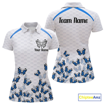 Blue Pattern Butterfly Womens Golf Polo Shirt Custom Name White Ball Golf Clothes Shirts NYN2909