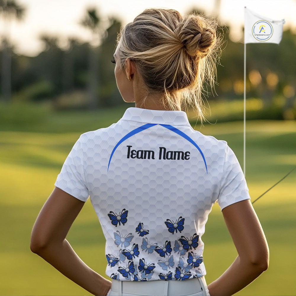 Blue Pattern Butterfly Womens Golf Polo Shirt Custom Name White Ball Golf Clothes Shirts NYN2909
