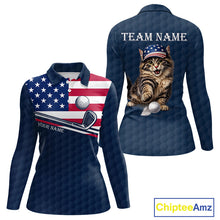Load image into Gallery viewer, Women's funny cat golf long sleeves polo shirt, American flag golf apparel, custom name golf shirt, patriotic golf clothing, golf team uniform