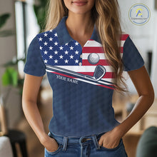 Load image into Gallery viewer, Female golfer wearing funny cat American flag golf polo shirt, personalized golf apparel, patriotic golf outfit