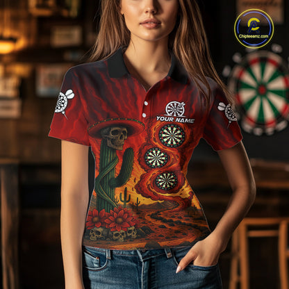 Custom Cactus Sombrero Skull Smoke Flames Dartboard Women Polo Dart Shirt Dart Gifts NYN2030
