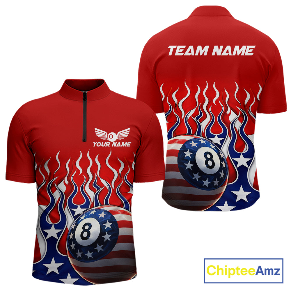 Custom Fire Flame US Flag Pool 8 Ball Men's Billiard Shirt Patriotic Billiard Team Attire NYN2545
