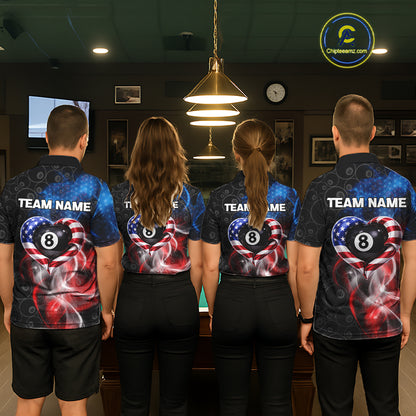 Heart US Flag Pool 8 Ball Men's Billiard Shirt Custom Couple Patriotic Billiard Attire NYN2549