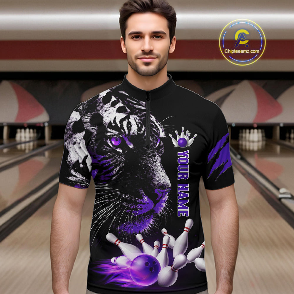 Personalized Horror Tiger Bowling Shirts For Men Purple Flaming Tiger Team Bowling Jerseys NYN3131
