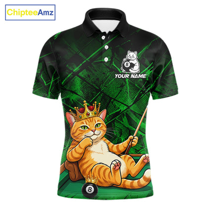 Funny cat crown 8 ball billiard polo shirt for men green grunge pool jersey