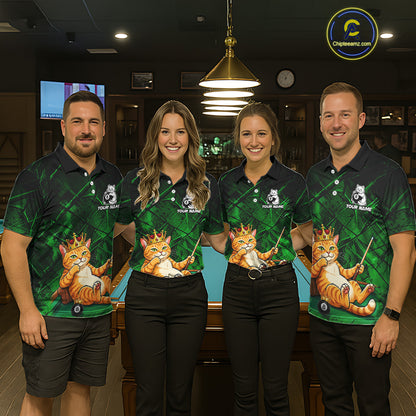Funny Cat Crown 8 Ball Pool Billiard Shirts For Men Custom Green Grunge Billiard Polo & 1/4-Zip Jersey NYN3314