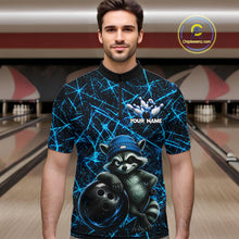 Load image into Gallery viewer, Male bowler wearing cool raccoon bowling jersey, neon blue lightning bowling shirt, personalized bowling team apparel